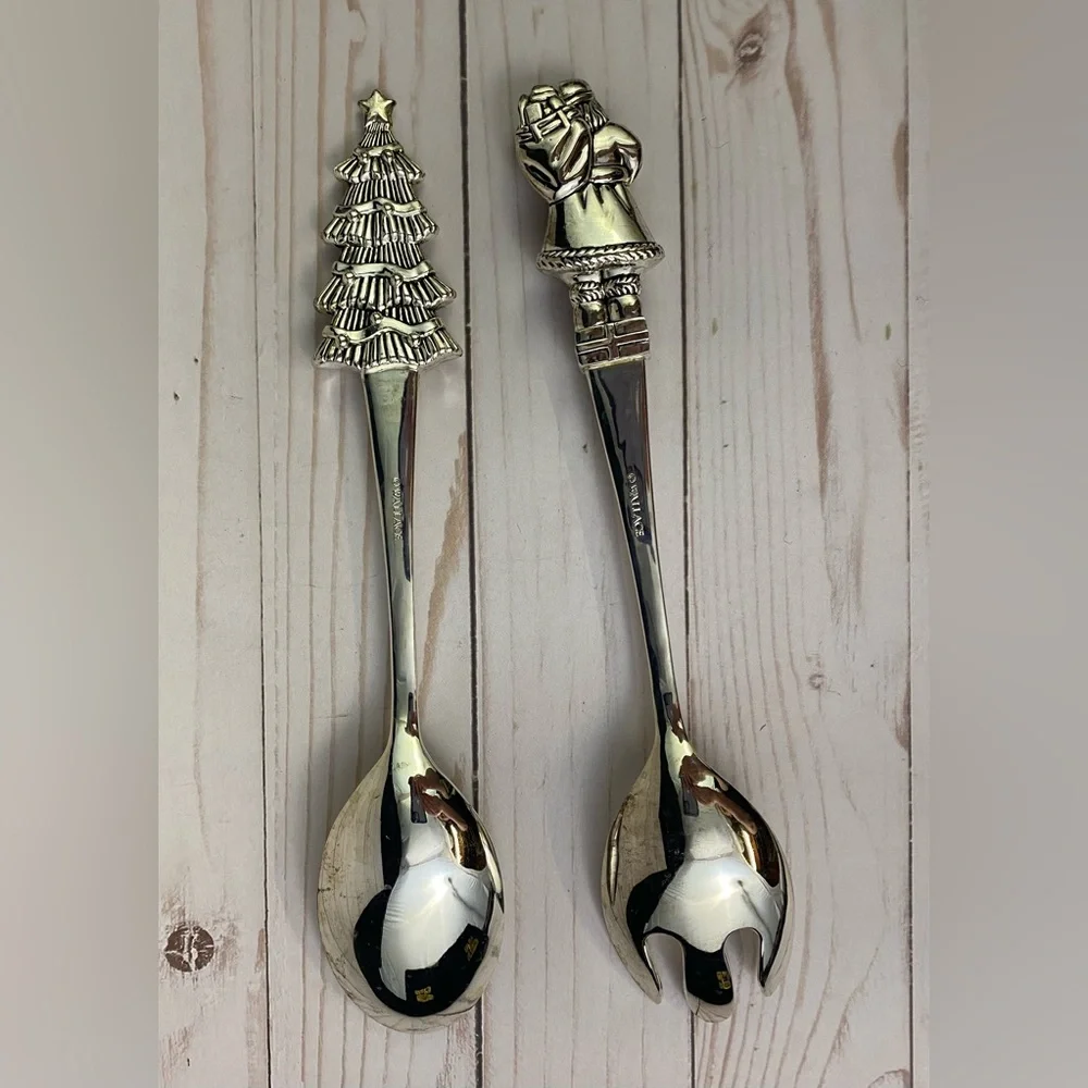 Wallace Silverplate Serveware Salad Set Holiday Christmas Tree & Santa